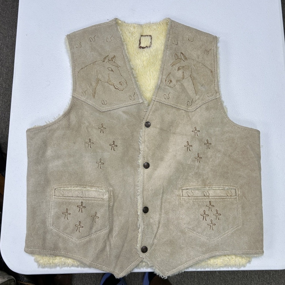 Unbranded Suede Vest Men L Tan Horse Embroidery Faux Shearling Lined Western F3